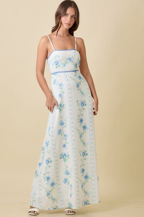 VESTIDO BLANCO FLORES AZUL Y VERDE