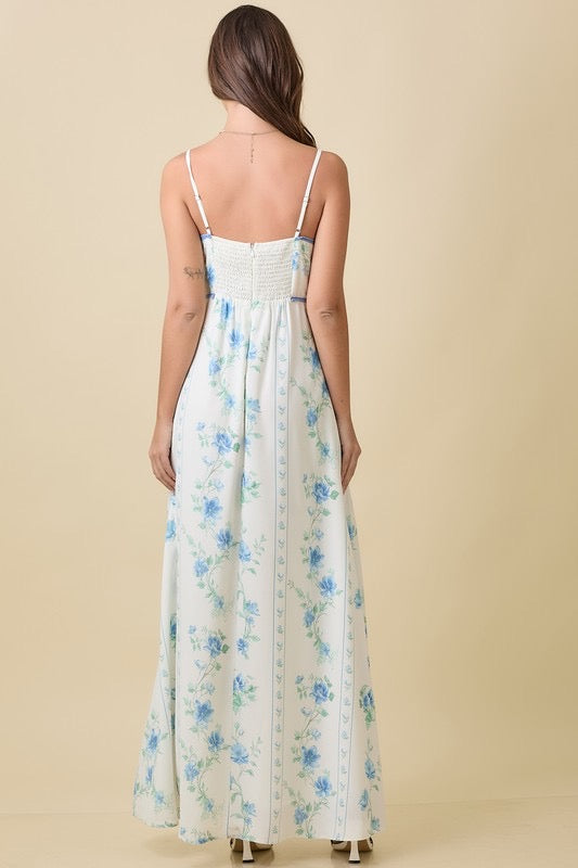VESTIDO BLANCO FLORES AZUL Y VERDE
