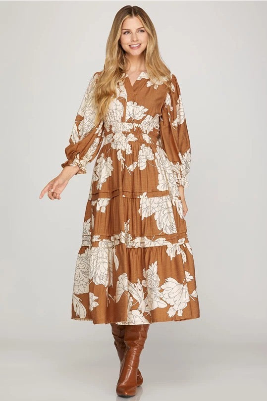 MAXI DRESS CARAMELO FLORES