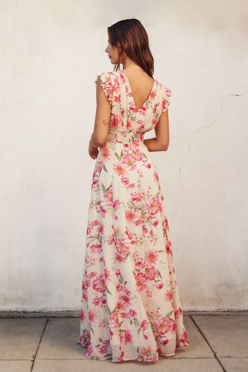 VESTIDO BEIGE CON FLORES ROSAS