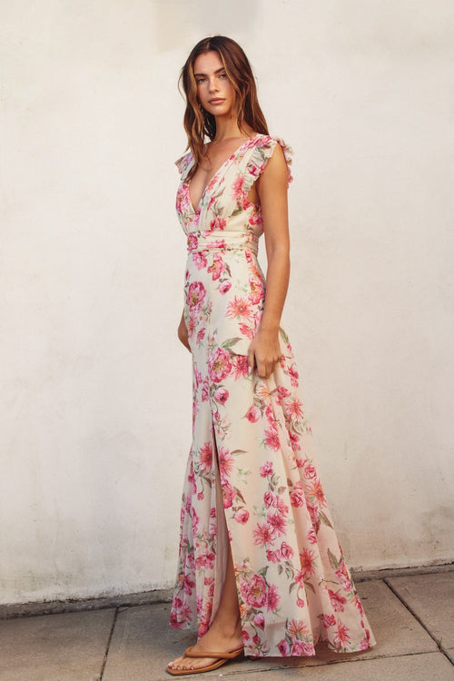 VESTIDO BEIGE CON FLORES ROSAS