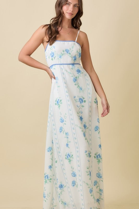 VESTIDO BLANCO FLORES AZUL Y VERDE