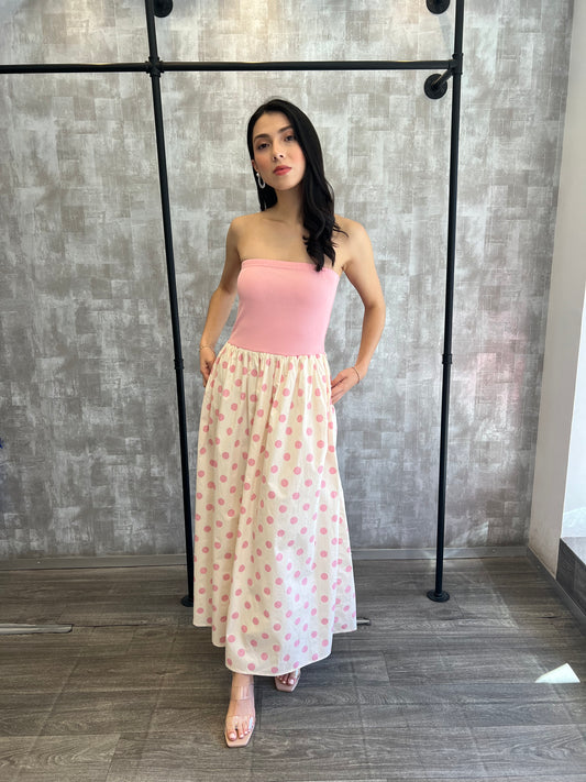 VESTIDO POLKADOTS ROSA BCO