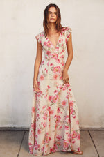 VESTIDO BEIGE CON FLORES ROSAS