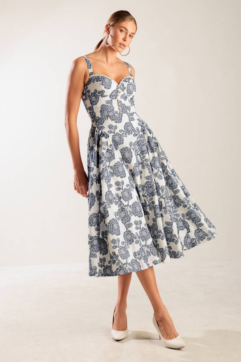 VESTIDO BLANCO CON ROSAS AZUL MNO