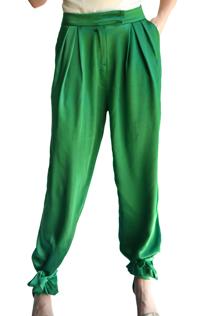 PANTALÓN SATIN VERDE CON AMARRE